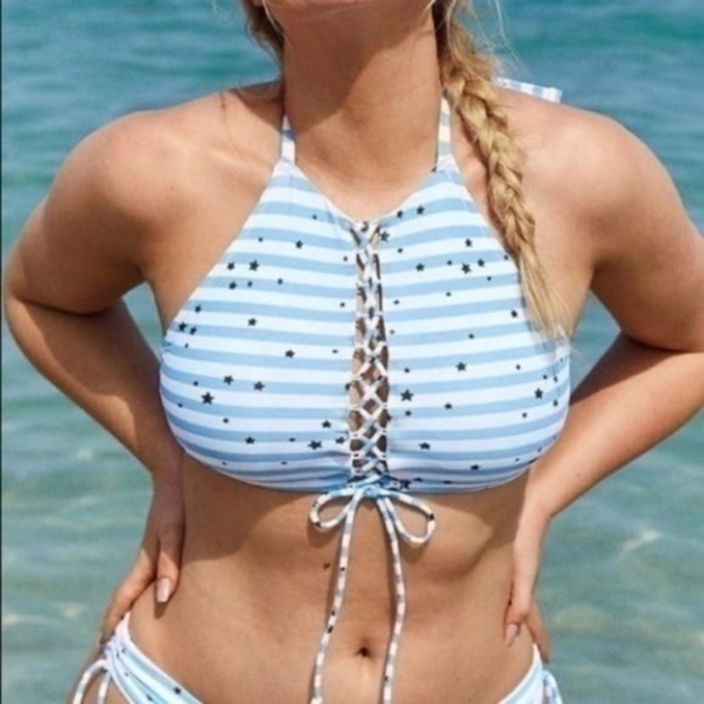Aerie Blue & White Striped Star Halter Bikini Sz Med NWOT